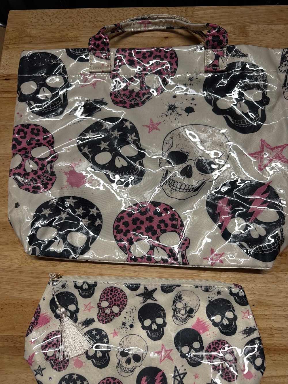 Trendy Skull Print Tote Bag and Matching Cosmetic Pouch Set